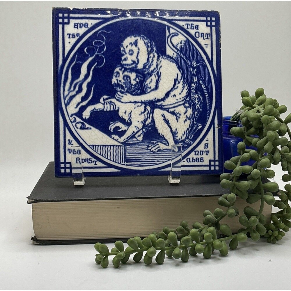 Antique 6" X 6" Tile Aesop Fable Minton's China Works Thomas Allen Ape & The Cat